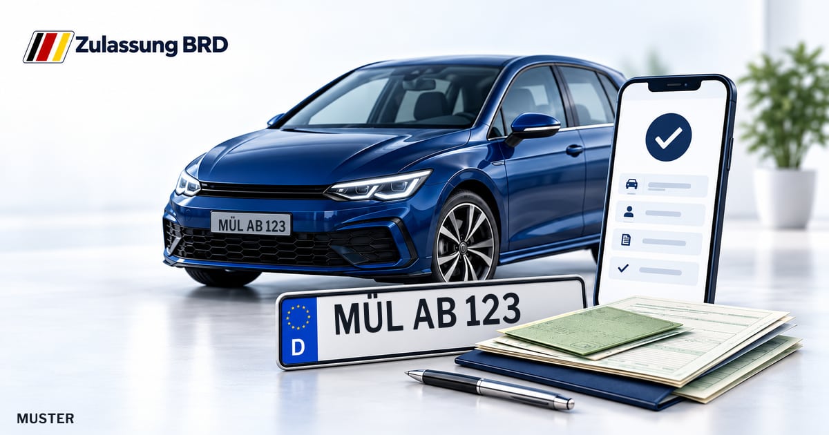 Online Fahrzeugzulassung in Gundelfingen: Musterkennzeichen MÜL AB 123, Auto und Fahrzeugpapiere und Smartphone. Illustration mit Logo von Zulassung BRD.